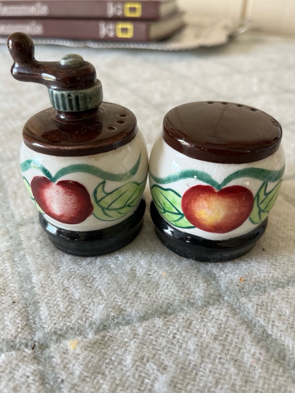 Hand-Painted Ceramic Apple Salt & Pepper Shakers. Small, like 1 inch